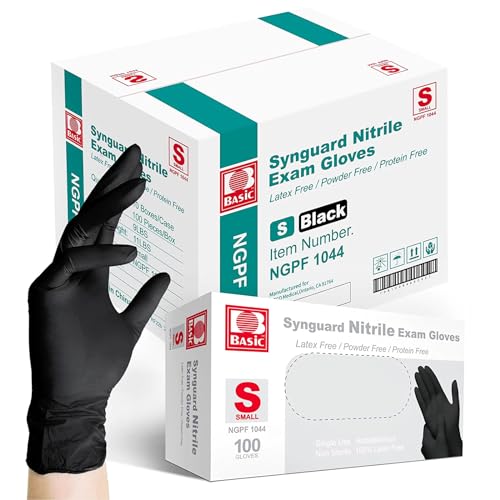 Basic Medical Black Nitrile Exam Gloves - Latex-Free & Powder-Free - NGPF 1044 (box of 100), Small - size: Small(Pack of 100)
