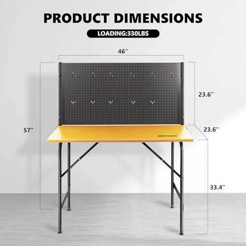 DNA MOTORING 46'' Heavy Duty Work Bench, Hardwood Workbench with Pegboard, Work Table for Garage, Woodworking Shop, Office, Home, w/ 20pcs Multifunctional Hooks, TOOLS-00457
