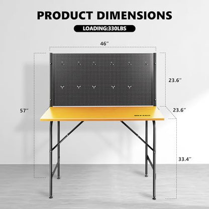 DNA MOTORING 46'' Heavy Duty Work Bench, Hardwood Workbench with Pegboard, Work Table for Garage, Woodworking Shop, Office, Home, w/ 20pcs Multifunctional Hooks, TOOLS-00457