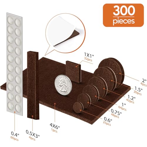 Furniture Pads Felt Pads 300 Pieces Huge Pack Furniture Felt Pads, Self Adhesive Anti Scratch Floor Protectors for Furniture on Hardwood Tile Floor, with 60 Cabinet Door Bumpers, Brown - size: Brown