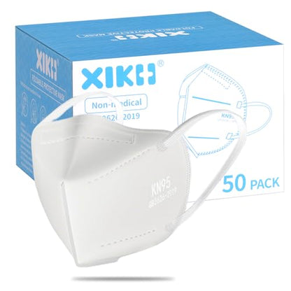 XIKII KN95 Face Masks 50 Pack 5-Ply Breathable & High Elastic Ear Loops, Alike N95 Masks for Adults 95% Filtration Efficient Foldable Mask Adjustable Nose Clip for Outdoor Activities