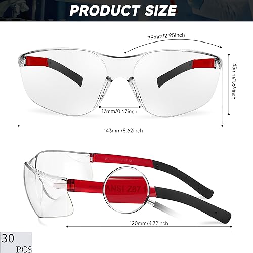 Salfboy Safety Glasses for Men Women ANSI Z87.1 Safety Glasses Bulk Protective Eyewear Scratch-Resistant - color: 30pcs-118-red Leg