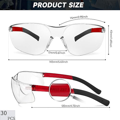 Salfboy Safety Glasses for Men Women ANSI Z87.1 Safety Glasses Bulk Protective Eyewear Scratch-Resistant - color: 30pcs-118-red Leg