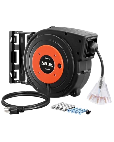 DEWENWILS Retractable Extension Cord Reel, 50 FT Heavy Duty Power Cord, 14AWG/3C SJTOW, 3 Grounded Outlets Lighted Triple Tap, 13 Amp Circuit Breaker, UL Listed - color: Orange & Black