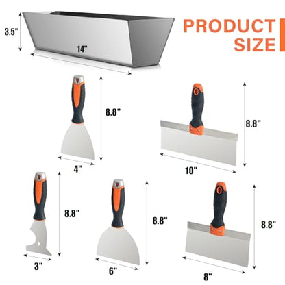 Drywall Hand Tool Kit, 5Pcs Stainless Steel Putty Knife Scrapers Taping Knife with Mud Pan for Drywall Repairing, Paint Scraping and Wallpaper Removing (6pcs-O) - color: 6pcs-o