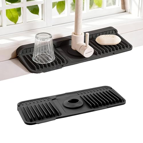 ZJWZLG Faucet Mat for Kitchen Sink, 14"X5.5" （Black）Silicone Sink Protector with 7° Slope & Customizable Hole, Stops Splashes & Drains Water Fast - color: Black, size: 14" x 5.5"