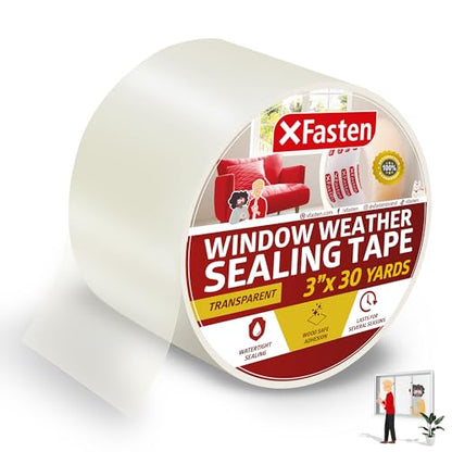XFasten Window Sealing Tape for Winter 3” x 30 Yards RV Window Stripping for Winter | Heavy-Duty Transparent Weather Sealing Tape for Plastic Window Coverings for Winter, Residue-Free Weather Tape - size: 3" x 30Yds