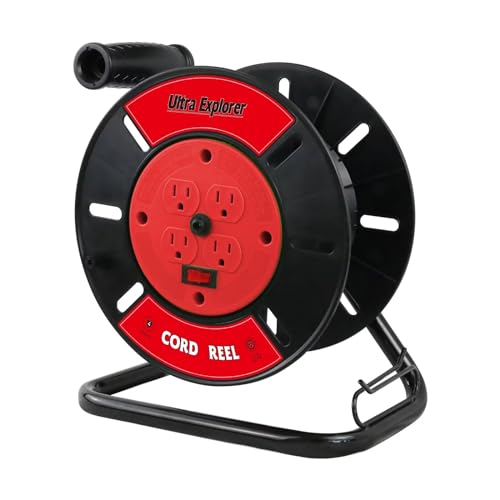 Extension Cord Storage Reel with 4-Grounded Outlets, Heavy Duty Open Cord Reel for 12/3 14/3 16/3 Power Cords, Portable Empty Hand Crank Electric Cord Roller Holder, Red