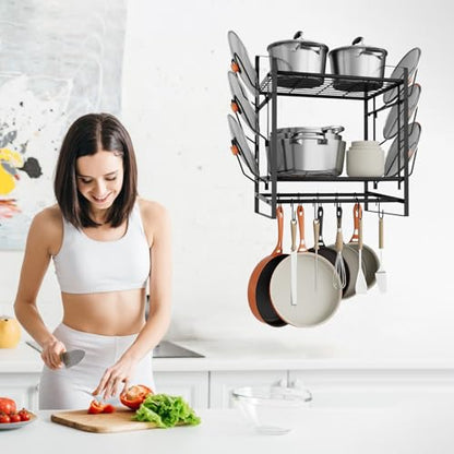 VyGrow 17 Inch Pot Rack Wall Mounted, 2 Tier Pots and Pans Organizer with 10 Hooks and 6 Pot Lid Holders, Heavy Duty Steel Pot and Pan Hanger for Kitchen Cookware Utensils Storage 24" Lx13 Wx20.5 H - color: 17"W 2 Tier Black
