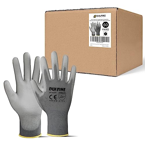 DULFINE Safety Work Gloves for Men PU Coated 60 Pairs Bulk Pack,Grey Yellow Seamless Knit Glove with thin Polyurethane Coated Smooth Grip on Palm & Fingers,Ideal for General Duty Work (Small) - color: Grey 60 Pairs, size: Small