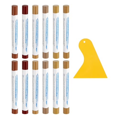 uxcell 12Pcs Wood Filler Sticks, Furniture Scratch Repair Wax Crayons Furniture Touch Up Markers Wood Repair Wax Kit with Spatula for Furniture, 12 Colors European & Brown Series - color: European Brown Series