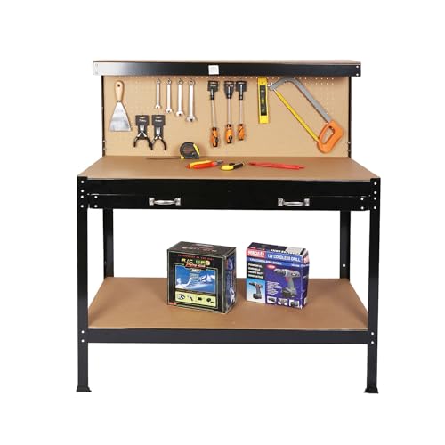 Majnesvon 45.3" Work Bench, 220 LBS Workbench with Drawers, Tool Bench with 10 Hanging Hooks & Peg Board, Work Benches for Garage (45.3 INCH) - size: 45.3 INCH