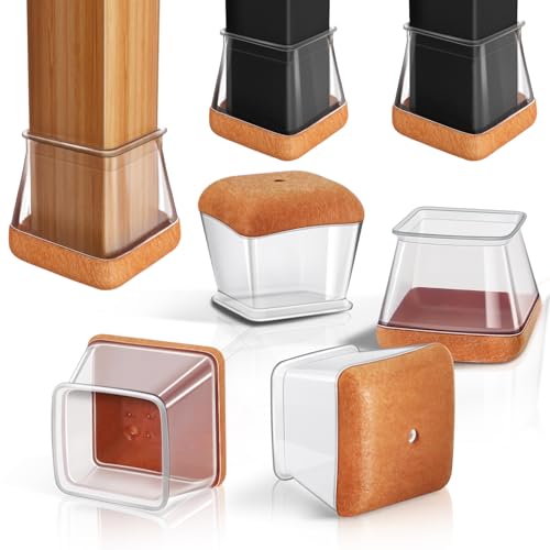 PISAO 24 Pcs Chair Leg Floor Protectors Square, Silicone Chair Leg Protectors Caps Covers for Hardwood Floors, Furniture Pads Sliders with Wrapped Felt Bottom Medium (Fit:3/4"~1-1/8") - color: Clear-24pcs, size: Square Medium