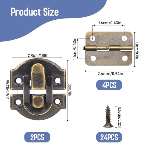 Antique Bronze Wooden Box Hinges and Latches with Matching Screws Kit, Retro Small Hinges for Jewelry Box Mini Bronze Decorative Latch Hook Hinge for Crafts Project, Jewelry Box, Small Cabinet
