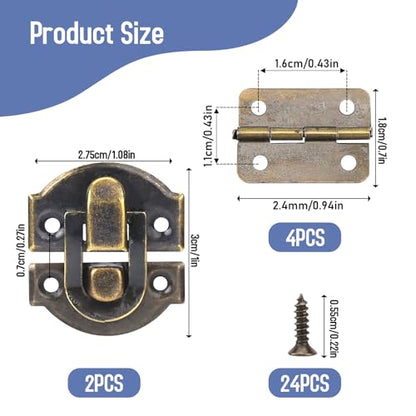 Antique Bronze Wooden Box Hinges and Latches with Matching Screws Kit, Retro Small Hinges for Jewelry Box Mini Bronze Decorative Latch Hook Hinge for Crafts Project, Jewelry Box, Small Cabinet