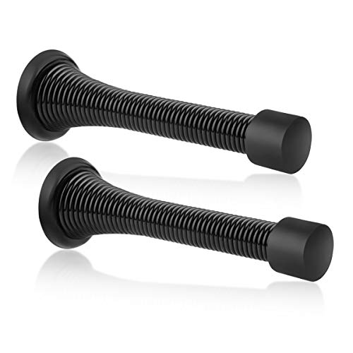 2 Pack Spring Door Stopper Black- 3-1/4" Flexible Spring Door Stops with Black Rubber Bumper Tips - color: Black, size: 2 Pack