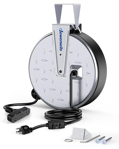 DEWENWILS 30 Ft Retractable Extension Cord Reel, Ceiling/Wall Mount 16/3 Gauge SJTW Power Cord with 3 Electrical Outlets Pigtail for Garage and Shop, 10 Amp Circuit Breaker, Metal Plate, UL Listed - color: Silver/Black+logo