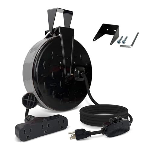 EP 30 Ft Retractable Extension Cord Reel, 16/3 SJTW Power Cord with 3 Electrical Outlets, Ceiling or Wall Mount, 10 Amp Circuit Breaker, Metal Plate, UL Listed, Gray - color: Gray&black