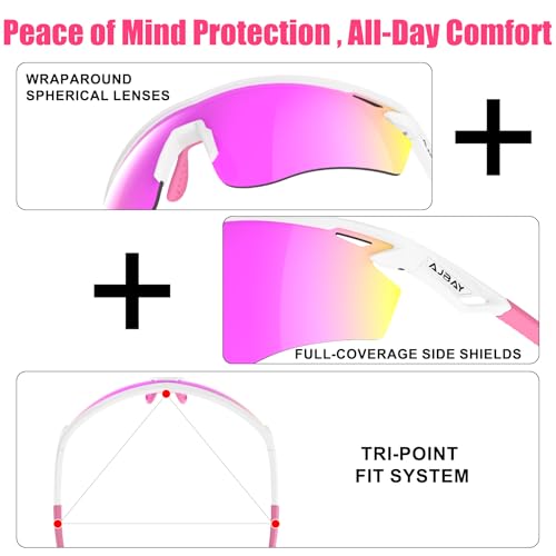 Polarized Sports Sunglasses for Men Women,Wrap Around Sun Glasses for Running Cycling Baseball Fishing Golf Hiking - color: White Pink