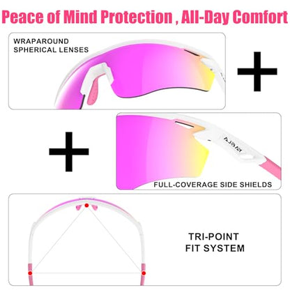 Polarized Sports Sunglasses for Men Women,Wrap Around Sun Glasses for Running Cycling Baseball Fishing Golf Hiking - color: White Pink