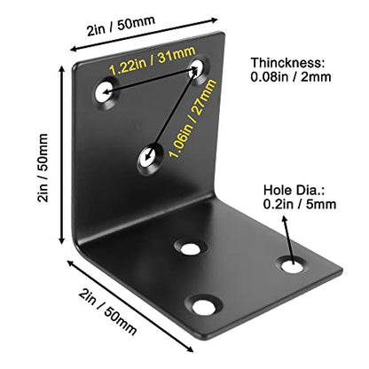 20PCS Corner Brace 2 X 2 Inch Stainless Steel L Bracket Heavy Duty Black Large Corner Bracket Joint Right Angle Brackets 90 Degree Corner Fastener for Wood Furniture Cabinet Drawer Bed Chair - size: 2"x2"
