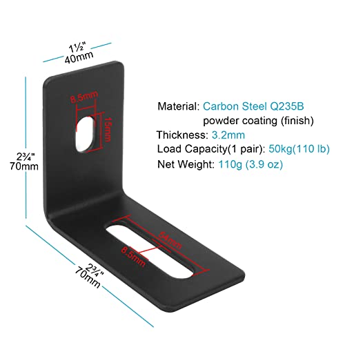 10 Pack 2-3/4" x 2-3/4" Black Adjustable L Bracket with Slot, Right Angle Corner Braces for Wood, for 5/16" Screws