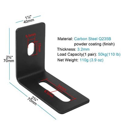 10 Pack 2-3/4" x 2-3/4" Black Adjustable L Bracket with Slot, Right Angle Corner Braces for Wood, for 5/16" Screws