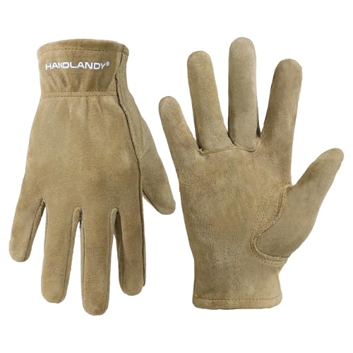 HANDLANDY Kids Genuine Leather Gardening Gloves for age 2-9, Children Work Gloves for Boys, Girls, Toddlers (Khaki, L) - color: Khaki (1 Pair), size: Large (Age 8-9)