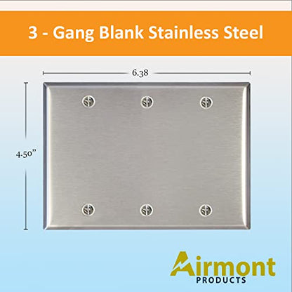 AP-10413, Stainless Steel Blank Wall Plate, 3 Gang Standard Size 4.50" x 6.38" Corrosion and Heat Resistant, Unbreakable Metal, Silver, Cover Unused Electrical Sockets or Switch Holes - size: 3 Gang