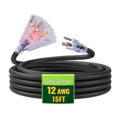 15 Ft Lighted Outdoor Extension Cord with 3 Electrical Power Outlets - 12/3 SJTW Heavy Duty Black Extension Cable with 3 Prong Grounded Plug for Safety - color: Black, size: 15ft