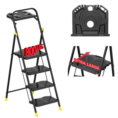 4 Step Foldable Step Ladder with Roomy Tool Tray, Platform Ladders Stepstools, Step Stool 4 Step Folding with Wide Non-Slip Pedals and 800lbs Bearing Capacity for Adults, Home, Kitchen, Black Yellow - color: Black Yellow, size: 4 Step