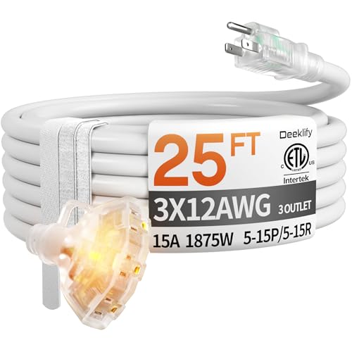 25 ft 12 Gauge Heavy Duty 3 Outlet Extension Cord Splitter with Indicator, Waterproof Outdoor Extension Cord with Multiple Outlets, 15A 1875W for Small Appliances, ETL Listed, White SJTW - size: 25FT
