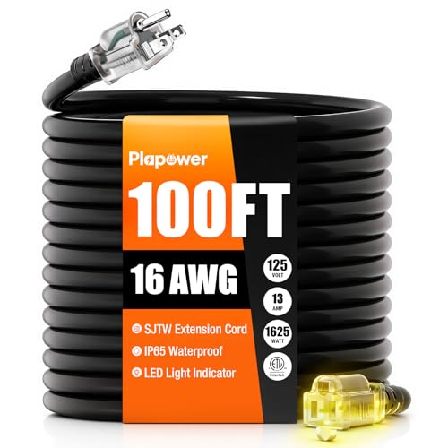 100 FT Outdoor Extension Cord Waterproof, 16/3 Gauge Heavy Duty 3 Prong Power Cord with Lighted Indicator End, 13A 125V 1625W SJTW, ETL Listed, Great for Lawn/Garden/Home(Black) - color: Black, size: 100 FT