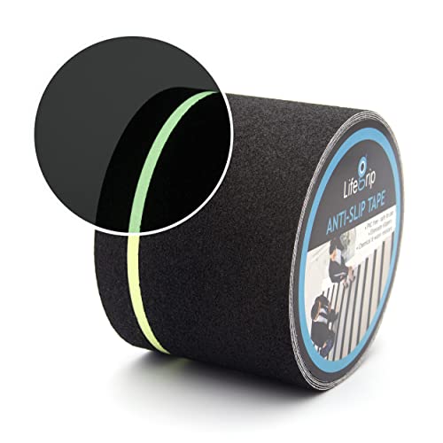 LifeGrip Anti Slip Traction Tape with Glow in Dark Green Stripe, 4 Inch x 30 Feet - Best Grip, Friction, Abrasive Adhesive for Stairs, Tread Step, Indoor and Outdoor, Black (4 inch X 30 feet) - color: Black/Green, size: 4" X 30'