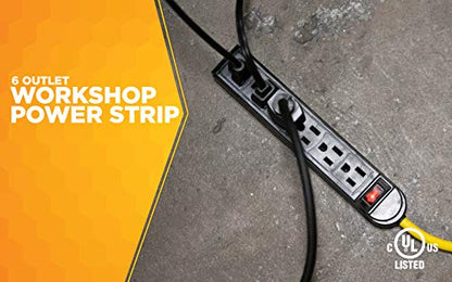 Woods 4666 Grounded 6-Outlet Workshop Power Strip, Black, with 8-Foot Yellow Cord,