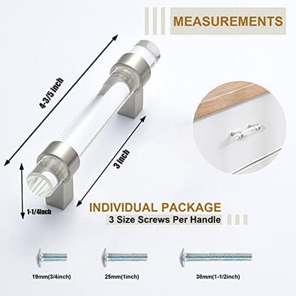 10 Pack Glass Drawer Pulls, Cabinet Handles, Crystal Dresser Pull(3 Inch Hole Center), Brushed Nickel - color: Brushed Nickel, size: Hole Center : 3 Inch (76mm), style: 10 Pack
