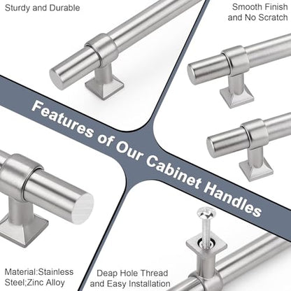 knobelite 5 Pack Hole Centers 3 inch Brushed Nickel Cabinet Pulls Stainless Steel Kitchen Cabinet Handles T Bar Hardware Pull Handle for Cabinets Dressers Closets - color: Brushed Nickel, size: Hole Centers: 3inch