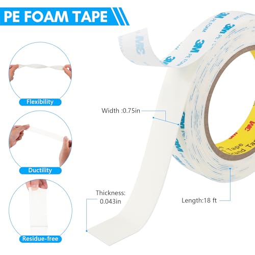 3M 1600T Double Sided Tape, PE Foam Tape 0.75" x 18 Ft White Removable Strong Adhesive No Residue for RV Picture Hanging, Posters Frames Wall Decor Indoor & Outdoor Use - size: 0.75" x 18Ft