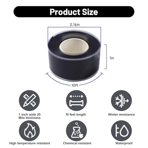 Self Fusing Silicone Tape 2 Rolls 1 in x 10' Black Waterproof Rescue Tape Rubber Leak Silicone Self-amalgamating Tape for Plumbing, Sealing Pipes, Hose Repair, Outdoor Coax and Tool Fixation - color: Black