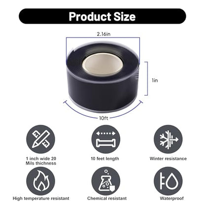 Self Fusing Silicone Tape 2 Rolls 1 in x 10' Black Waterproof Rescue Tape Rubber Leak Silicone Self-amalgamating Tape for Plumbing, Sealing Pipes, Hose Repair, Outdoor Coax and Tool Fixation - color: Black