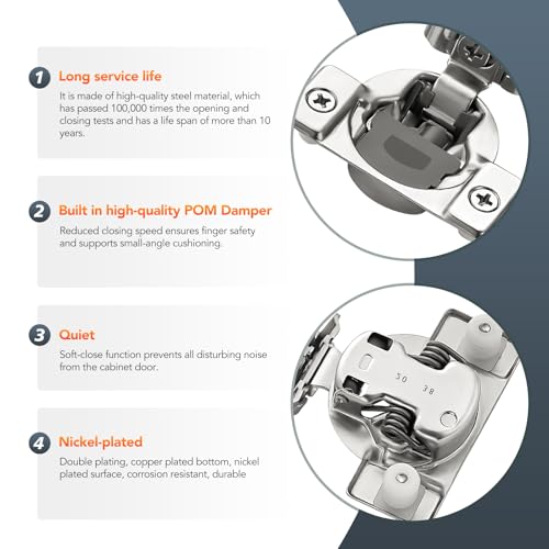 10 Pack (5 Pairs) 1-1/4" Overlay Soft Close Cabinet Hinges, Satin Nickel Stainless Steel Concealed Hinges with 3D Self-Closing for Face Frame Doors & Kitchens - size: 1-1/4 inch Overlay