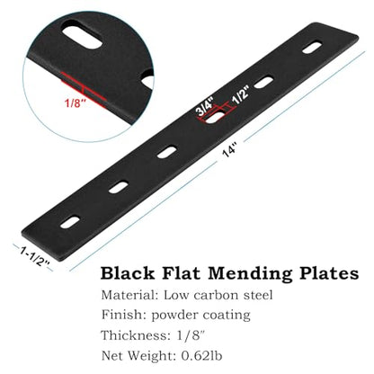 heneng 6 Pcs Black Flat Mending Plates, 14" x 1-1/2", Slotted Adjustable Straight Bracket Connector, 1/8" Thick - size: 14" x 1-1/2" x 1/8"