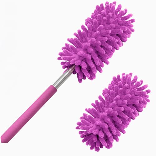 Microfiber Duster for Cleaning, Tukuos Hand Washable Dusters with 2pcs Replaceable Microfiber Head, Extendable Pole, Detachable Cleaning Brush Tool for Office, Car, Window, Furniture, Ceiling Fan - color: Purple, size: 2 Attachments