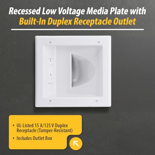 DATA COMM Electronic 45-0031-WH Recessed Low Voltage Media Wall Plate w/ Built-In Duplex Receptacle Outlet, Cable Management - Elevate Your Home Entertainment w/ Stylish White Panel - style: with Duplex Receptacle