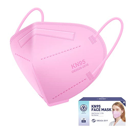 KN95 Face Mask 20pcs 5-Ply Cup Dust Face Mask Filtration Efficiency ≥95% with Elastic Ear Loop and Nose Bridge Clip Individually Packaged(Pink)