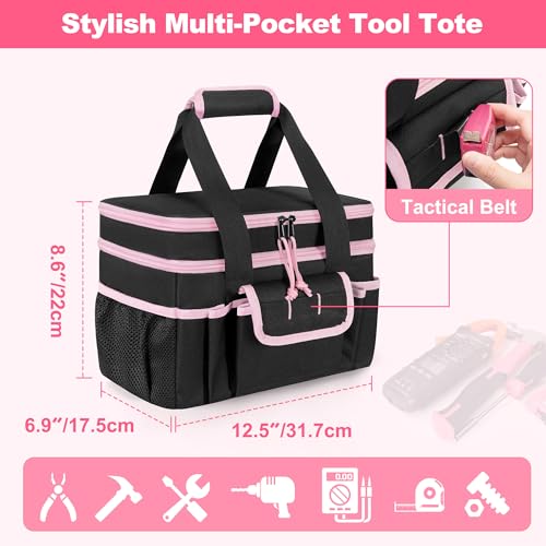 Tool Tote Bag for Women, Double Layer Tool Storage Organizer Bag with Divider for Electrician, Carpenters, Repairman, Black