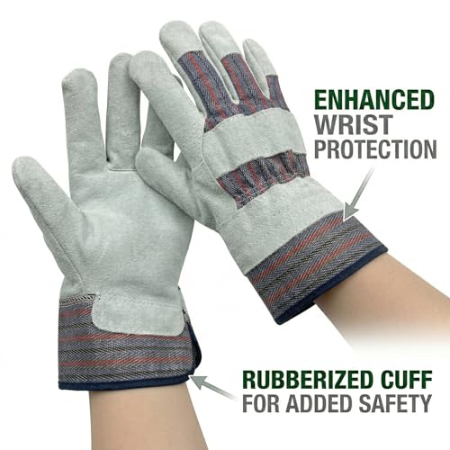 Work Gloves for Men, Durable Leather Mechanic Gloves with Rubberized Safety Cuff - color: Red