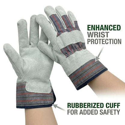 Work Gloves for Men, Durable Leather Mechanic Gloves with Rubberized Safety Cuff - color: Red