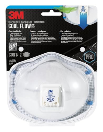 3M P95 Particulate Respirator 8577, 2 Pack, Carbon Layer For Odor Reduction, Features COOL FLOW Exhalation Valve, NIOSH-APPROVED, Advanced Filter Media For Easy Breathing, Comfortable (8577C2-DC-PS)