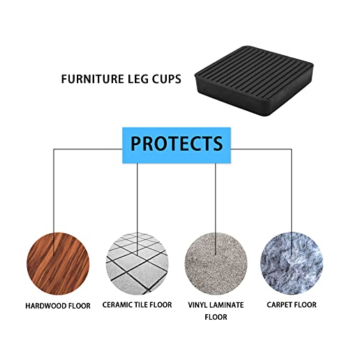 Non Slip Furniture Pads, SAFYY Square Rubber Anti Skid Caster Cups Leg Coasters, Couch, Chair, Feet, and Bed Stoppers with Anti-Sliding Floor Grip, Furniture Floor Protectors - size: 2.5'' Black 4 Pack